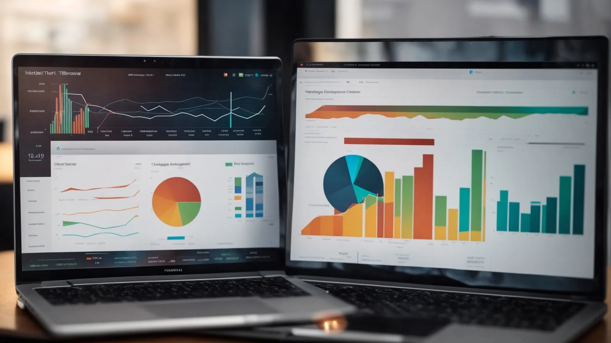 a laptop with overlapping charts and graphs on the screen, symbolizing the analysis and organization of seo strategies.