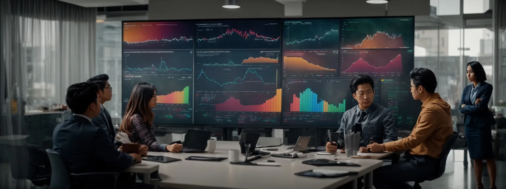 a team of professionals gathers around a large screen displaying colorful charts and graphs indicative of consumer behavior patterns.