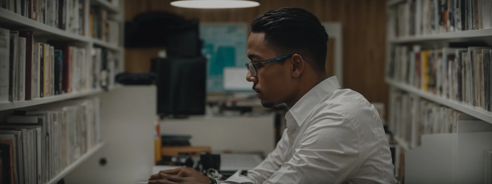 a focused individual surrounded by books and a laptop, highlighting engaging topics on a whiteboard.