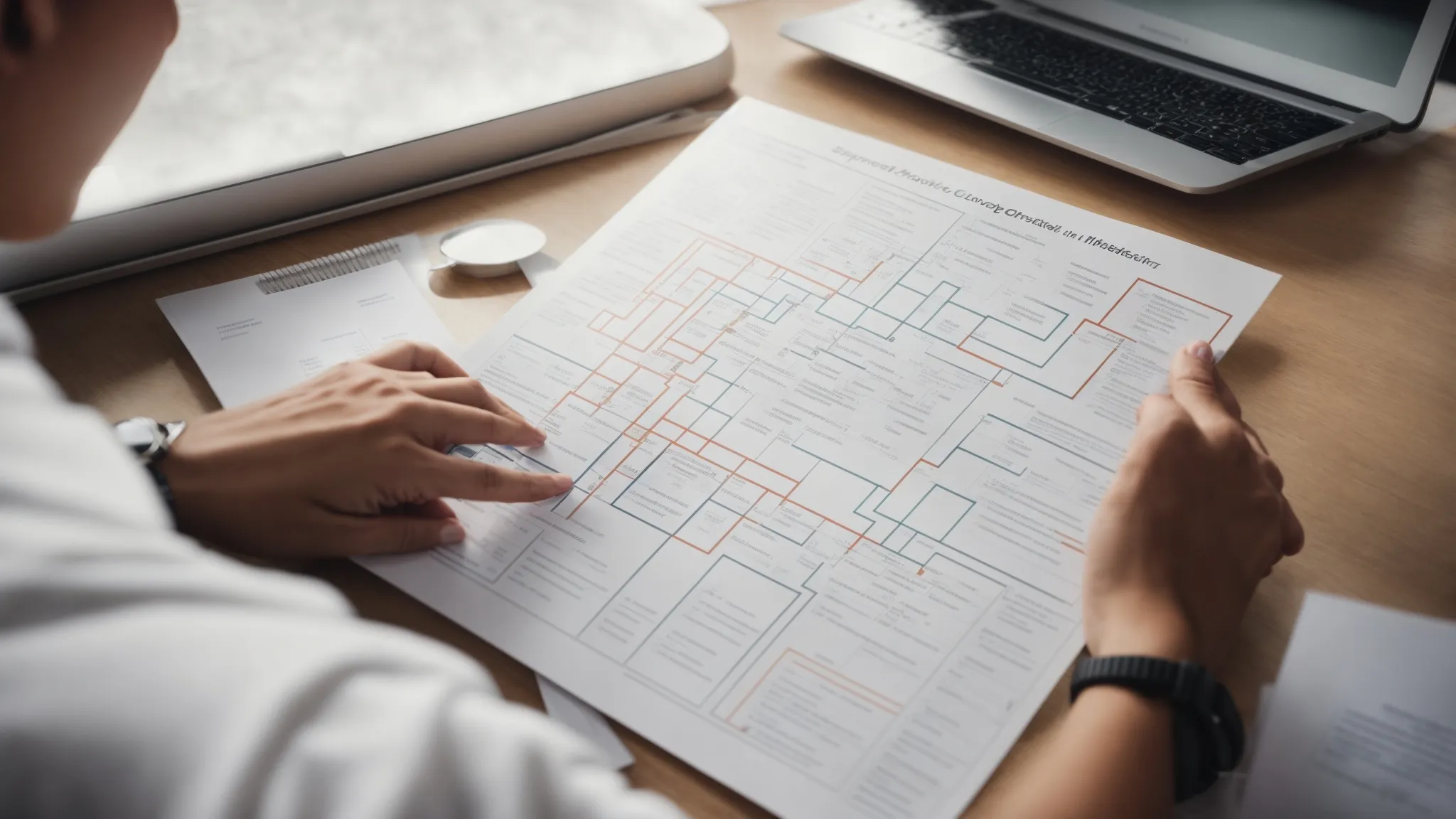 a person examining a complex flowchart representing the synergy between ppc and seo strategies in digital marketing.