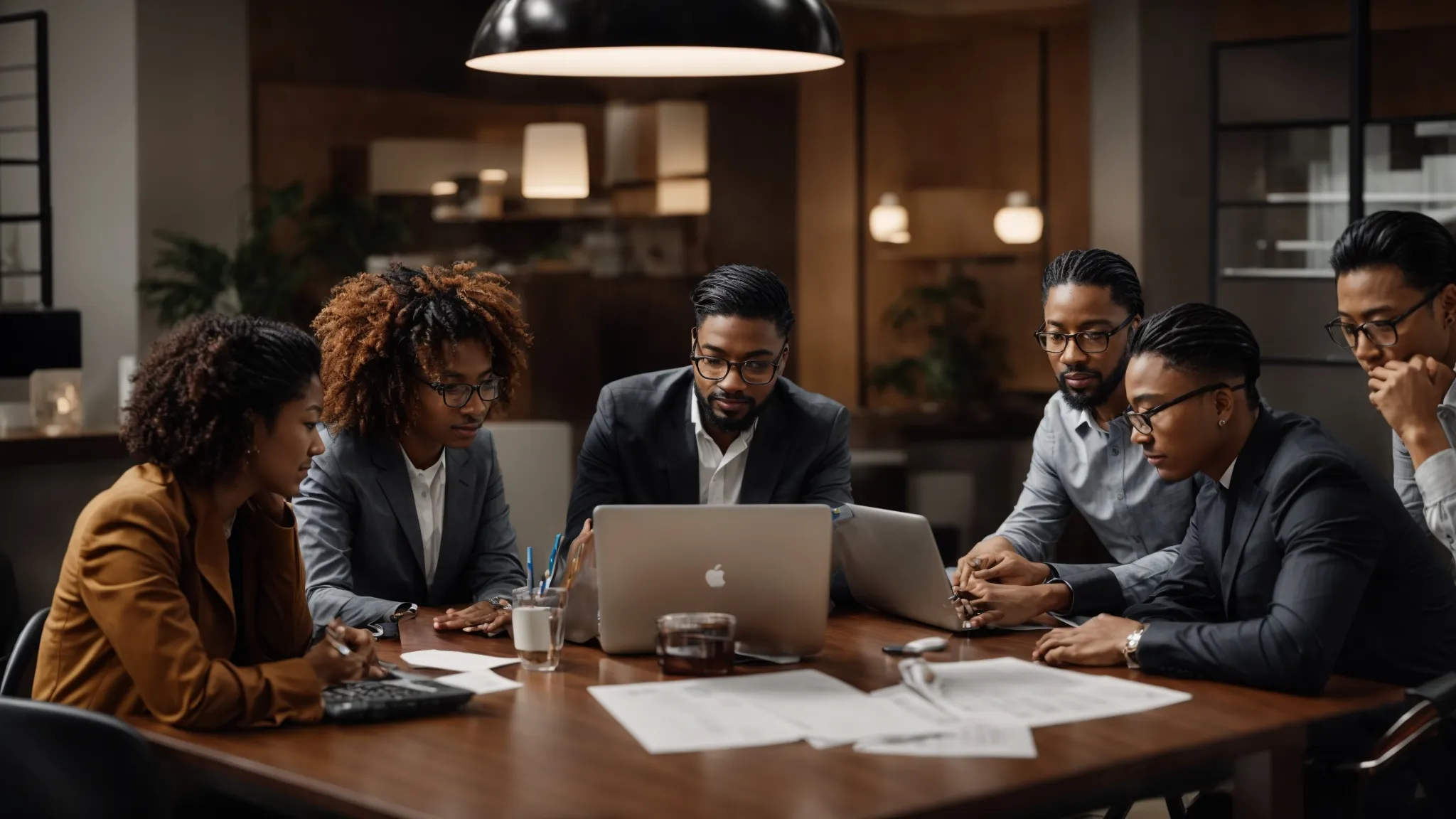 a diverse team of marketers brainstorming around a table with laptops displaying graphs and accessibility tools.
