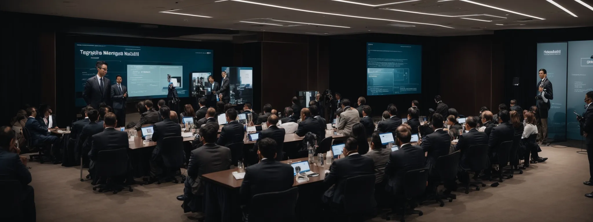a group of professionals gather around a high-tech digital presentation at a contemporary marketing conference.