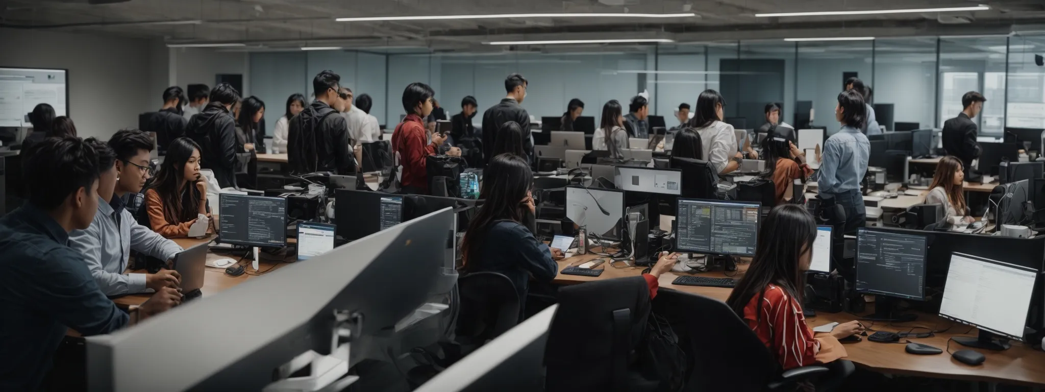 a diverse team gathers in a modern office, intensely programming and optimizing a website's code for seo enhancement.