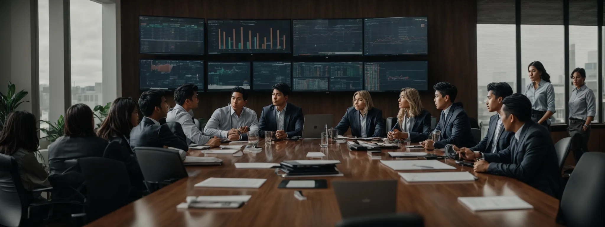 a group of professionals congregating around a conference table, reviewing large screen displays with marketing analytics.