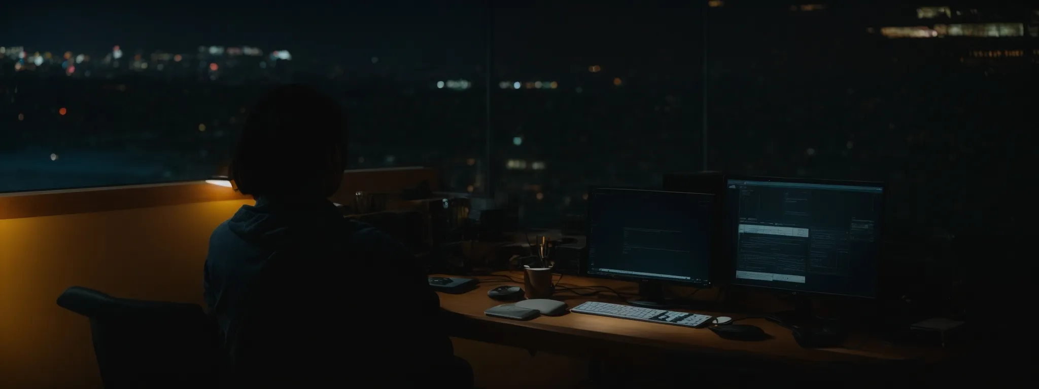 a person sits at a computer, optimizing a website's content for search engine visibility.