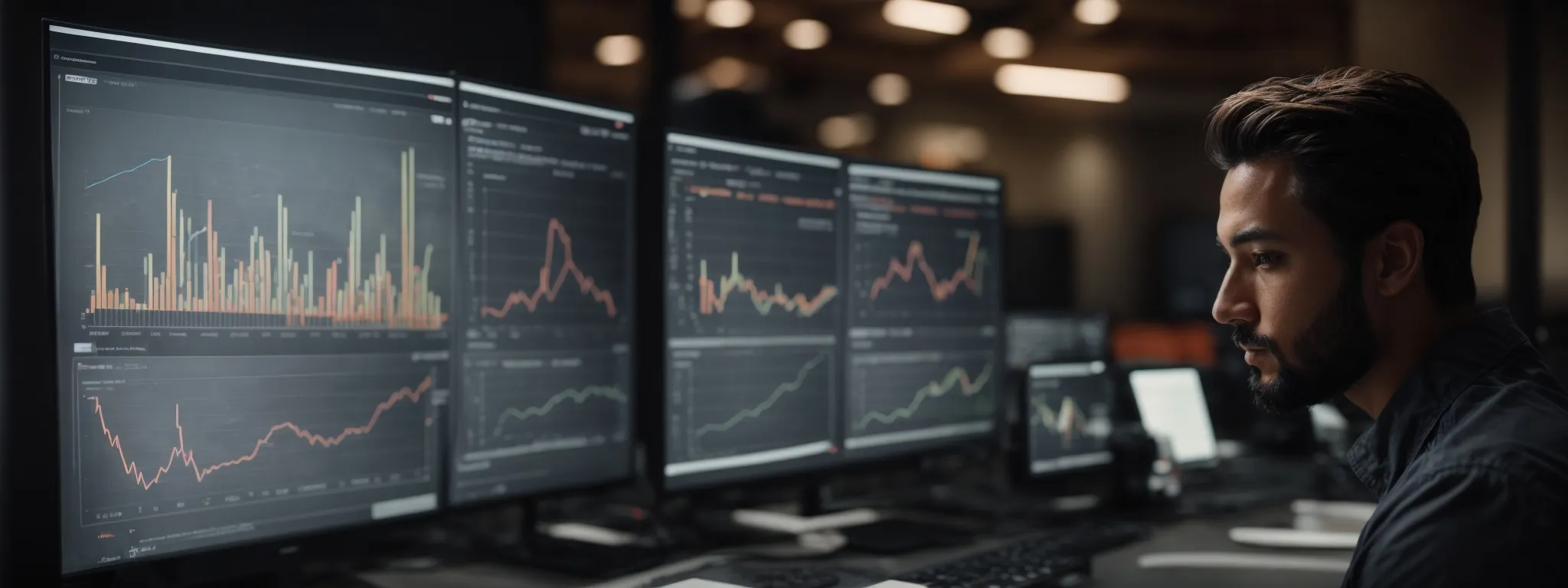 a focused individual attentively reviews graphs and flowcharts on a large monitor displaying website performance analytics.