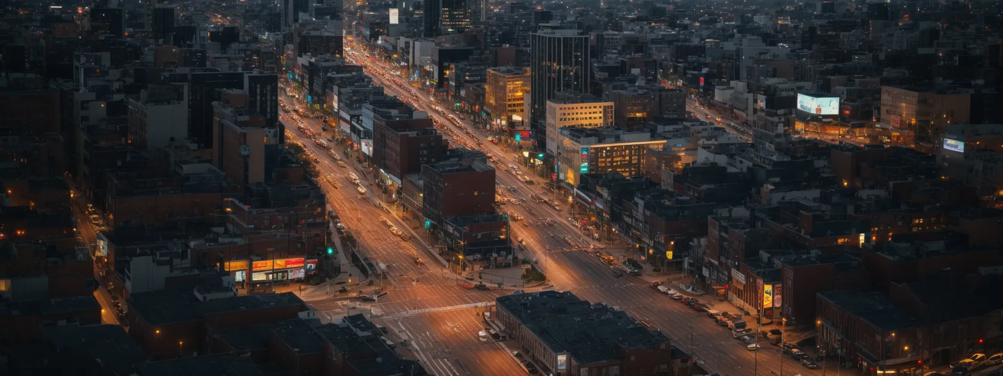a bustling city intersection with streams of headlights and taillights signifying the flow of traffic at dusk.