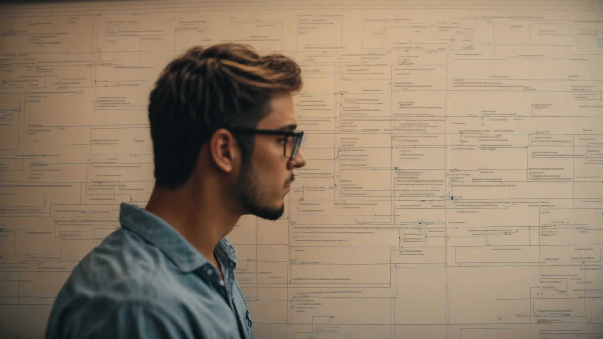 a web developer reviews a flowchart representing website architecture, including the sitemap structure.