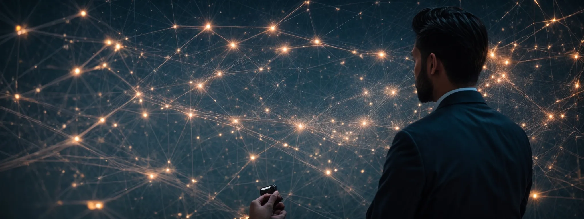 A man in a suit looks at a digital network of interconnected glowing nodes and lines, holding a device in his hand.