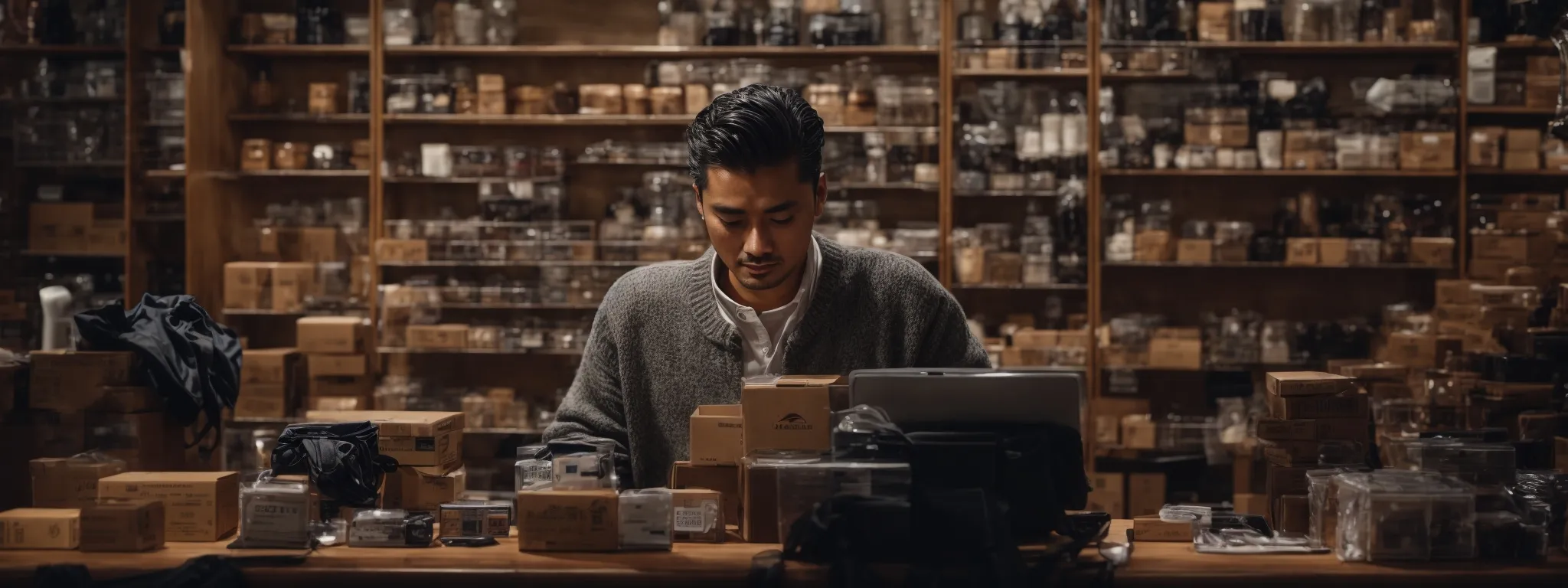a seller meticulously arranges an array of products on a sleek, organized e-commerce interface, symbolizing optimized online marketplace listings.