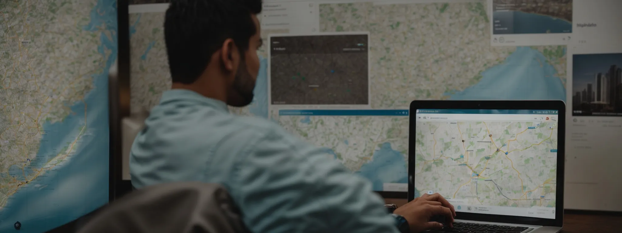 a local business owner browsing a digital map of their city on a laptop showcasing various pinpoints indicating their online presence.