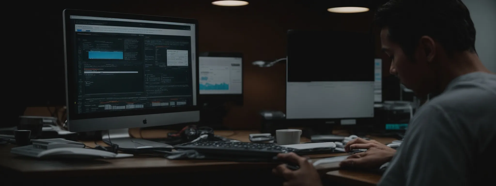 a person sits at a computer, using an seo tool on the screen to optimize a digital product listing.