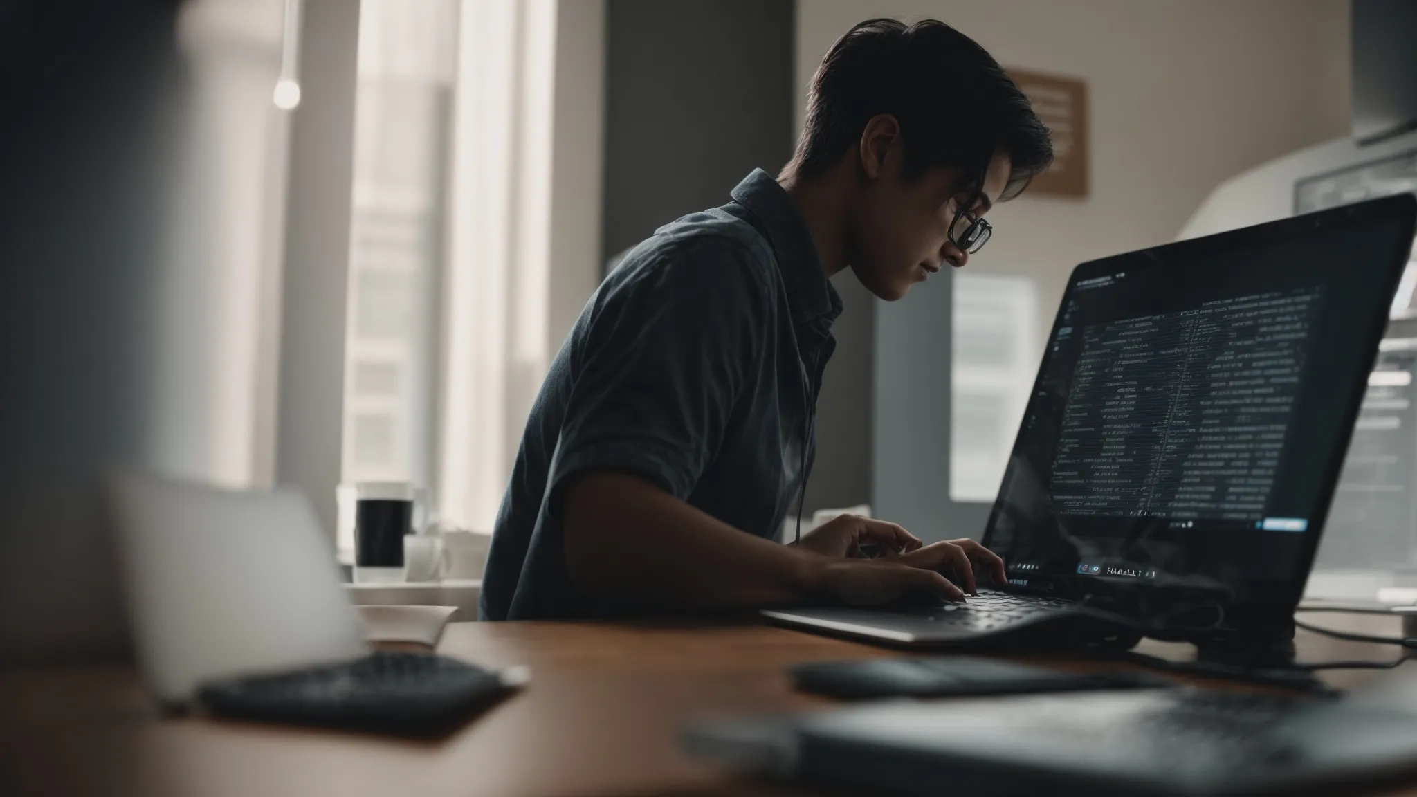 a person sits at a computer, doing keyword research and analyzing search engine results.