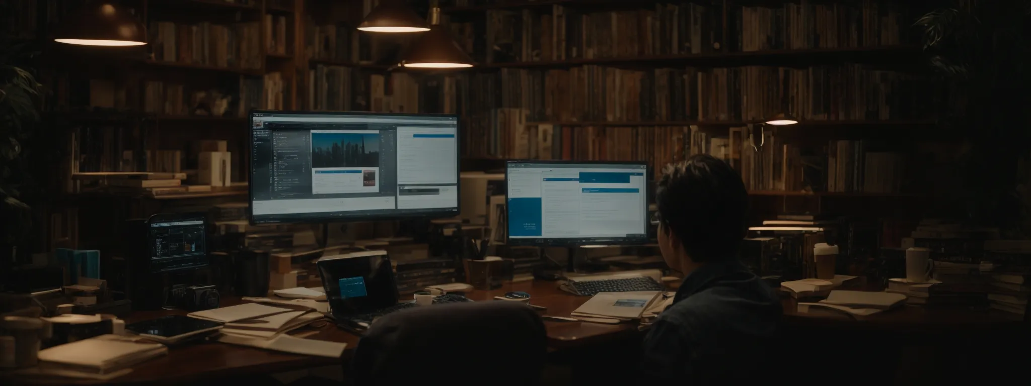 a person sitting at a desk with a computer, surrounded by books on technology and seo.