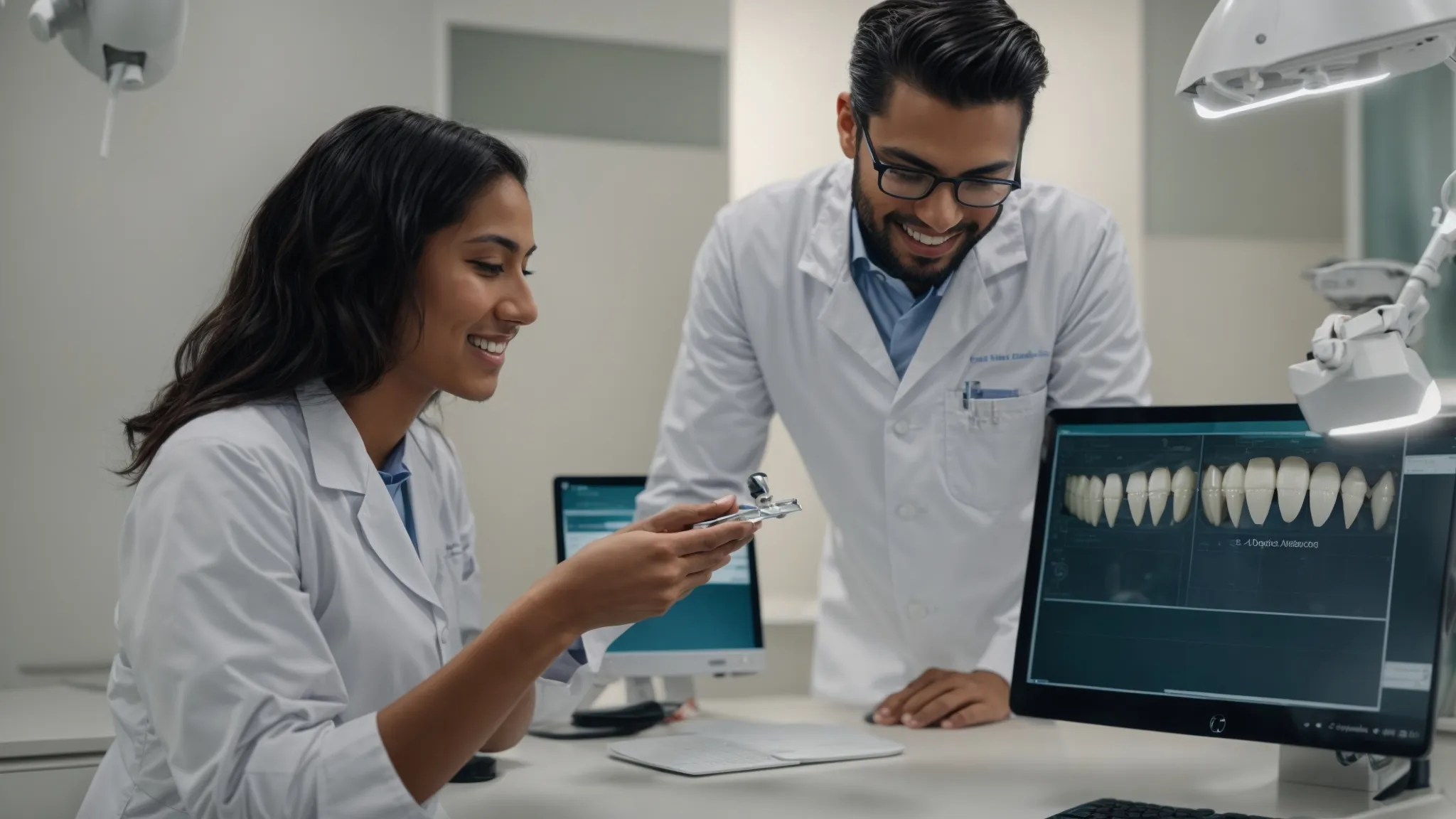 a dentist showing a patient a 3d model of teeth alignment on a computer screen in a modern dental office.