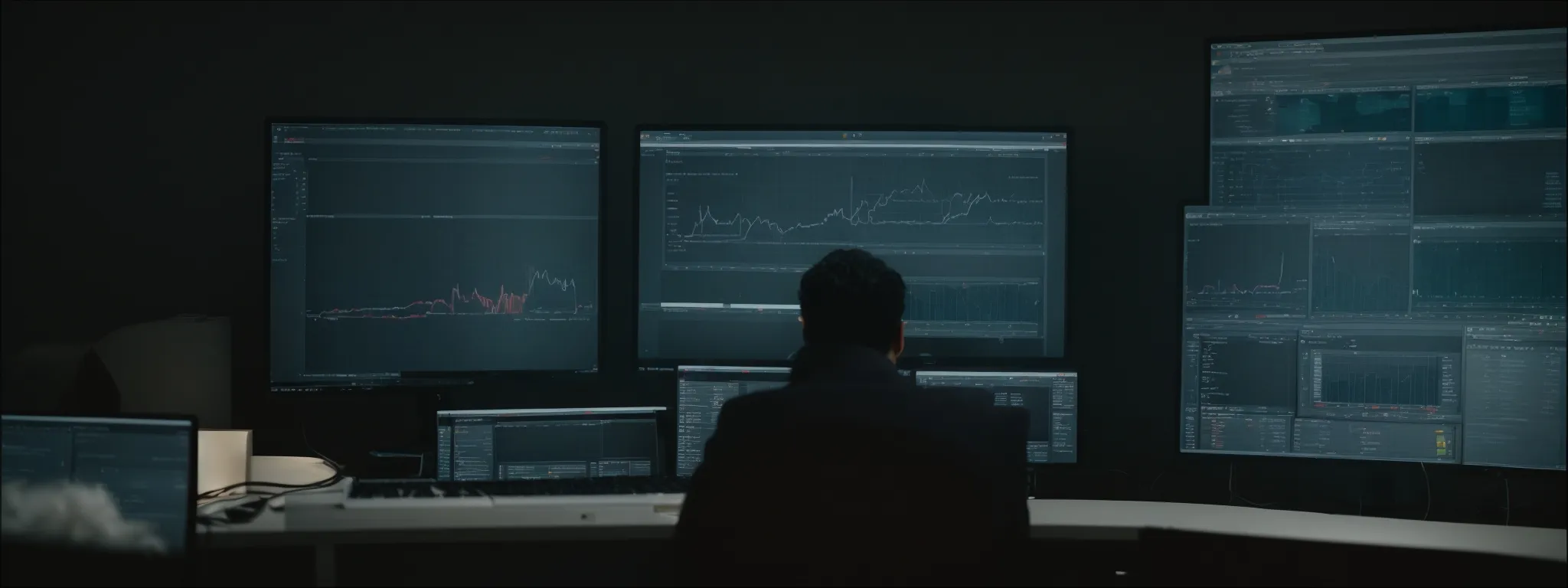 a person analyzing complex data charts on a computer screen in an office setting.