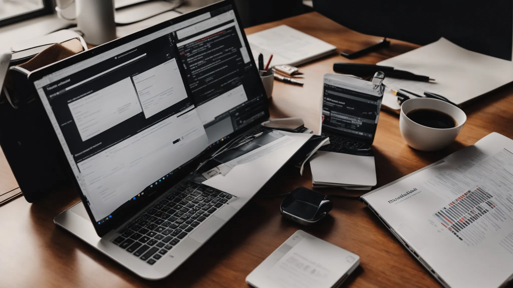 a laptop on a wooden desk surrounded by marketing reports and a whiteboard with seo strategies.