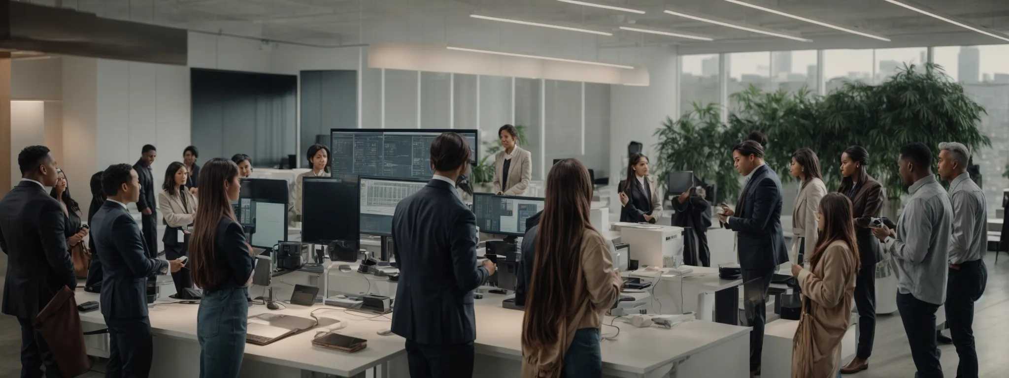 a diverse group of professionals gathered around a large touchscreen display, collaboratively strategizing in a modern, well-lit office space.