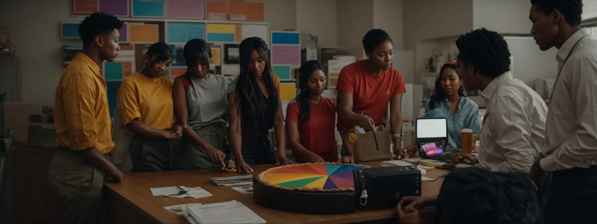 a diverse group of people gathered around a computer, visibly brainstorming over a colorful pie chart displaying various search engine market shares.