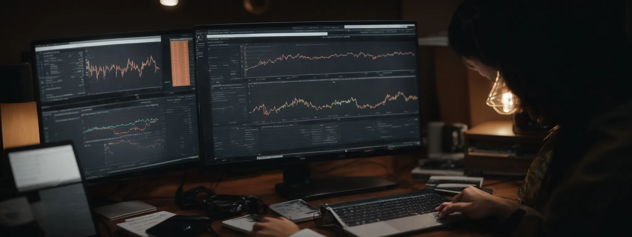 a person analyzes graphs on a computer screen, optimizing a website's seo strategy.