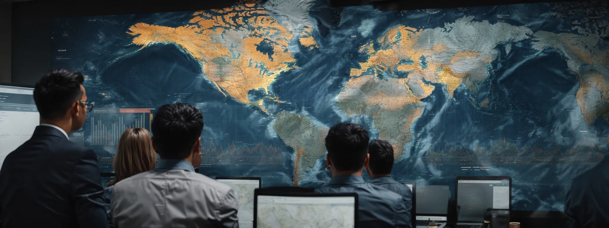 a group of professionals analyze a world map with overlaid charts reflecting website traffic and metrics.