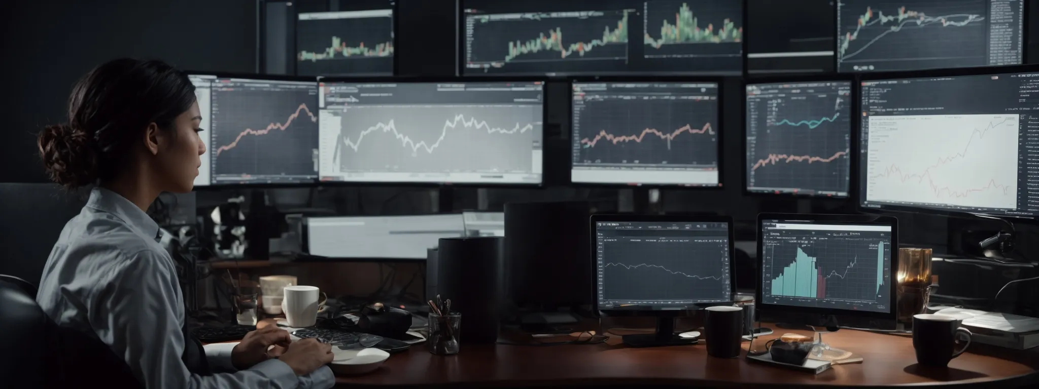 a person sitting at a desk with multiple computer screens displaying graphs and analytics while sipping coffee.