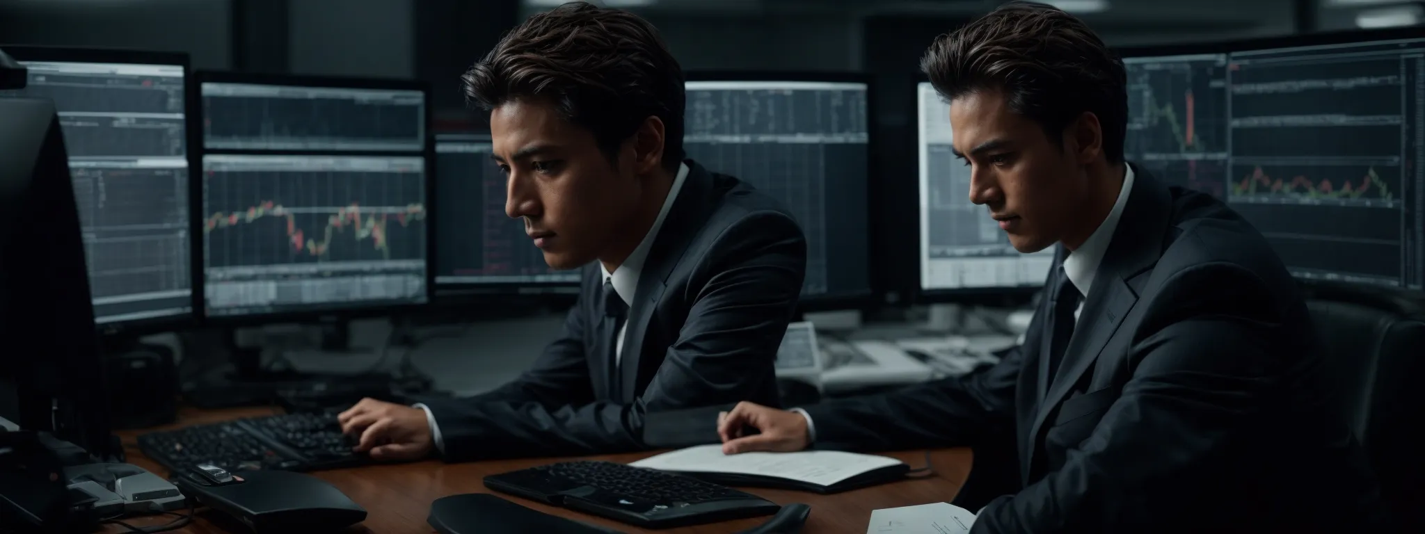 Two men in suits work at a desk with multiple monitors displaying financial charts and data in an office setting.
