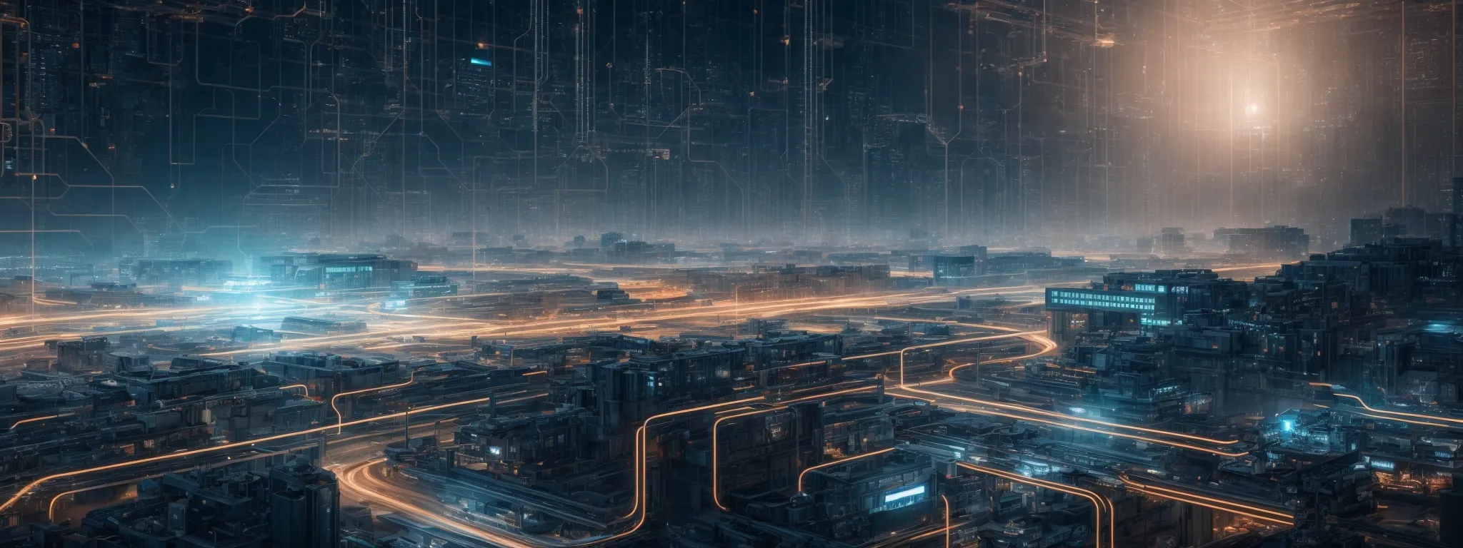 a panoramic view of futuristic ai circuits merging seamlessly with abstract representations of digital search elements, symbolizing the harmonious integration of machine learning and seo.