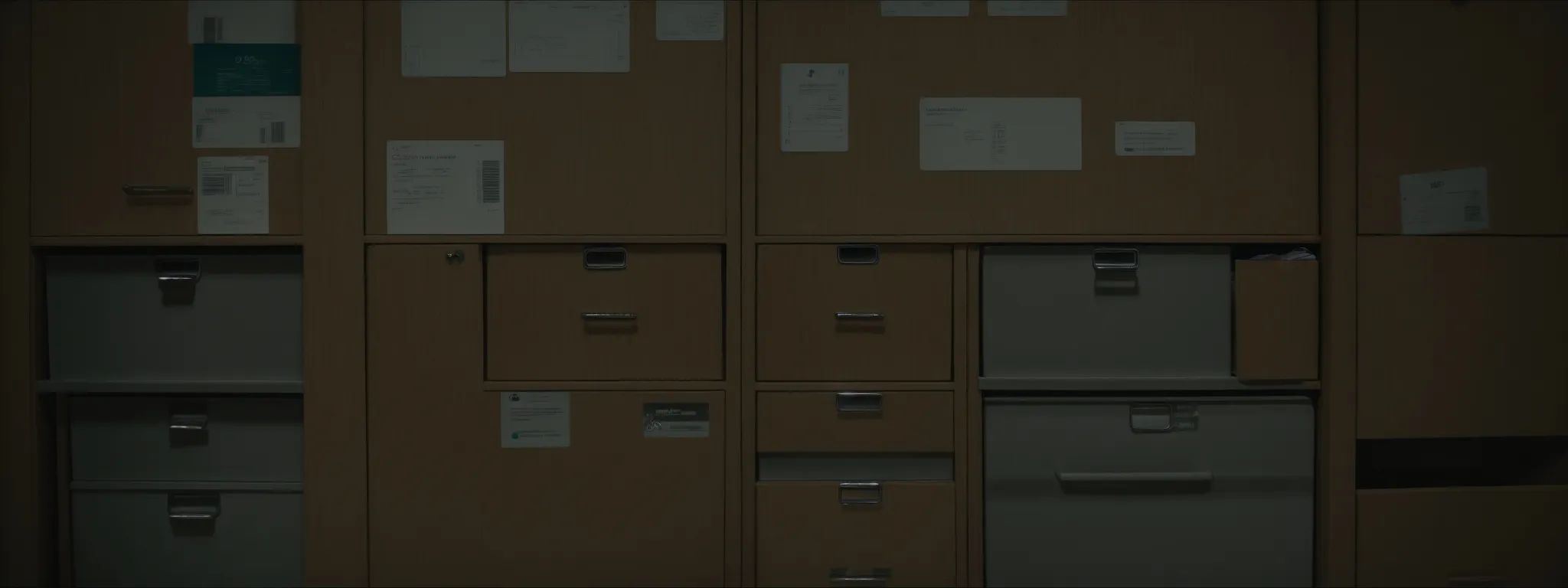 a neatly arranged filing cabinet with open drawers showing labeled folders inside.