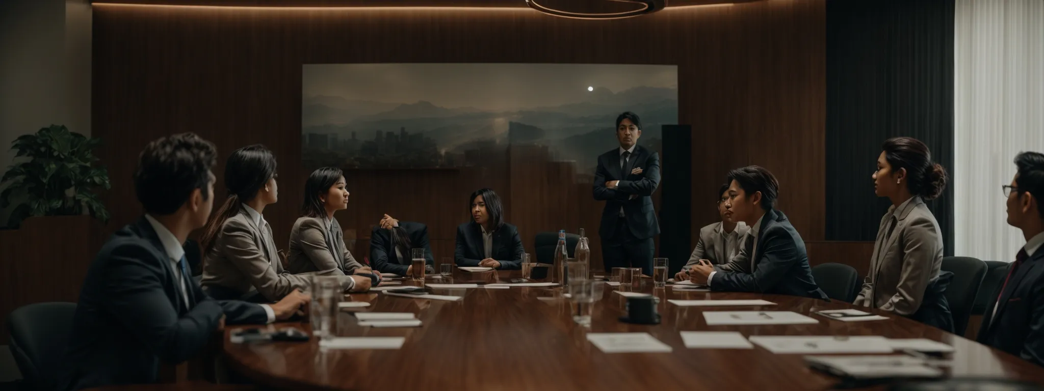 a group of professionals gathered around a conference table, intently focusing on a presentation about seo strategies.