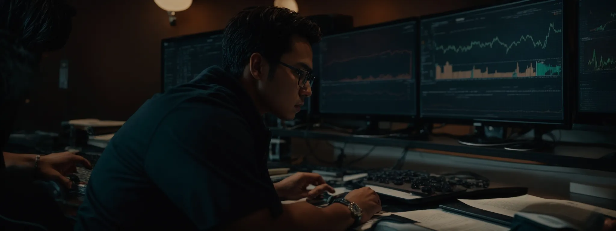 a professional analyzing graphs on a computer screen showing website traffic trends.