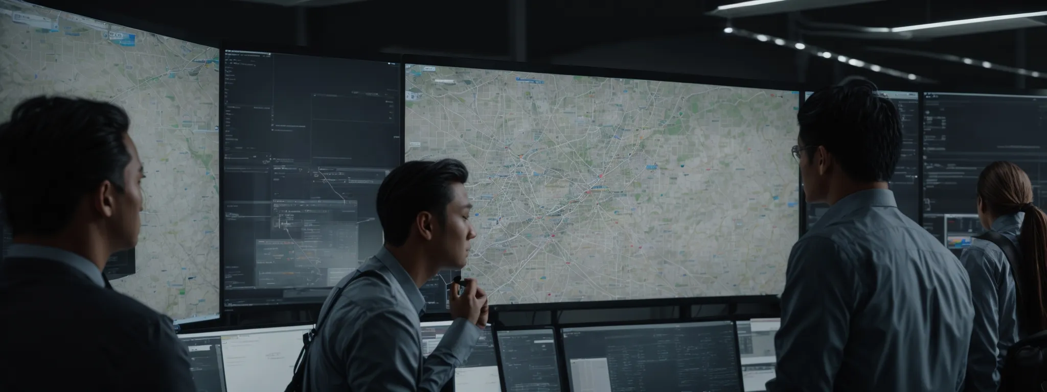 a professional team scrutinizes a complex network diagram on a large monitor in a modern office setting, symbolizing technical seo analysis.