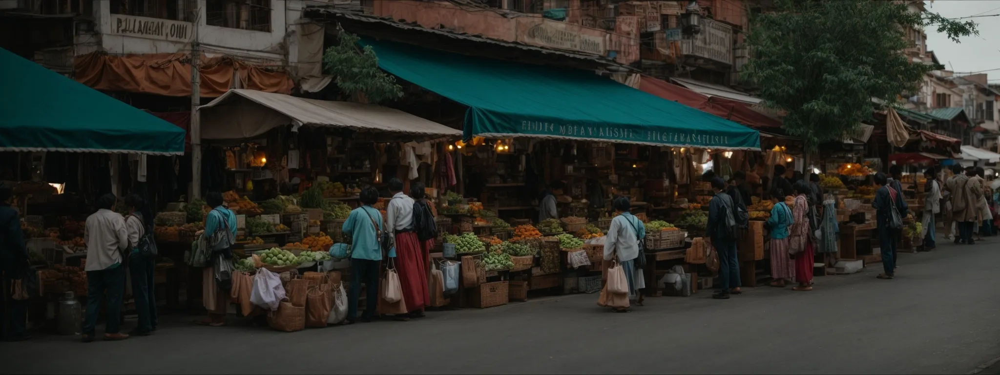 a bustling local marketplace with a variety of storefronts inviting nearby shoppers in.