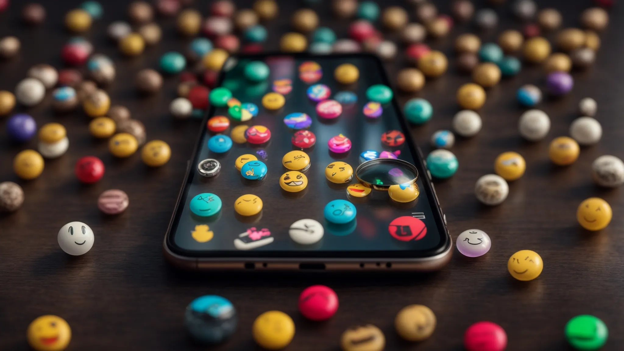 a smartphone display showing a search bar with a magnifying glass icon accompanied by various colorful emoji characters.
