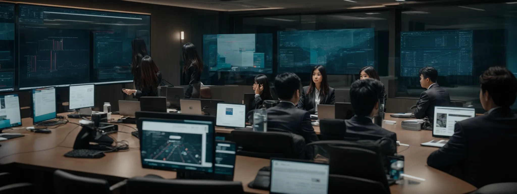 a glimpse into a tech-savvy boardroom where strategists are discussing the integration of futuristic ai into seo software.