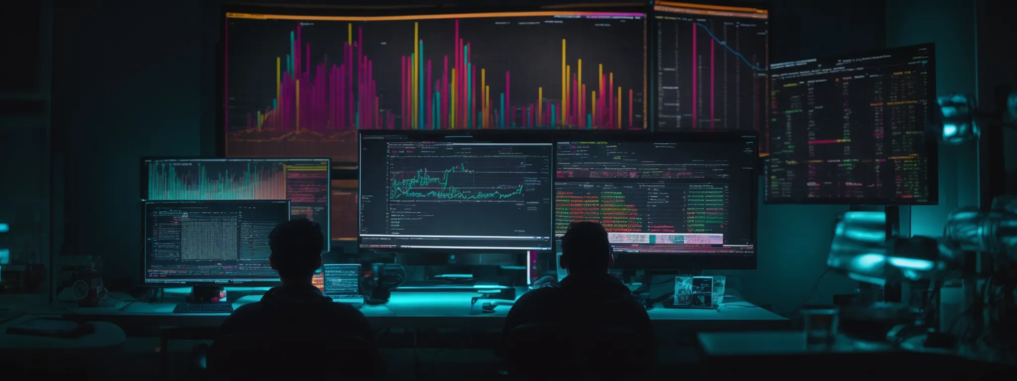 a person sits in front of a computer screen displaying colorful data analytics and seo tools, deeply focused on optimizing a website.