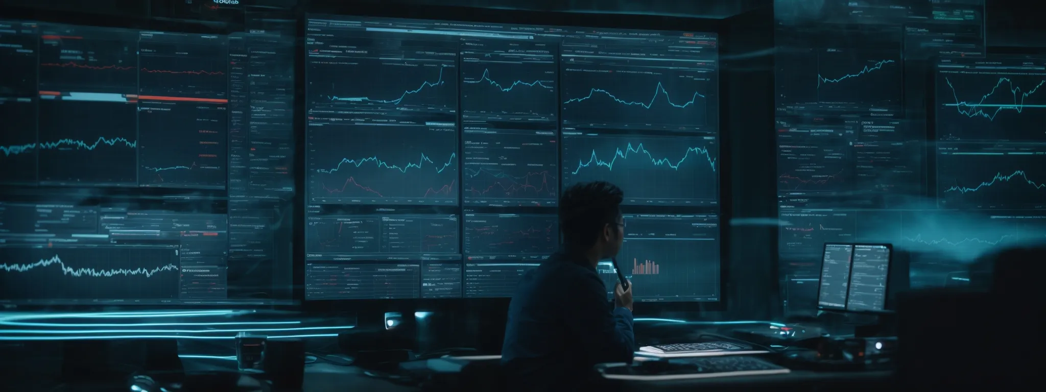 a computer screen displays a complex analytics dashboard while a person interacts with a futuristic interface representing advanced seo strategies.