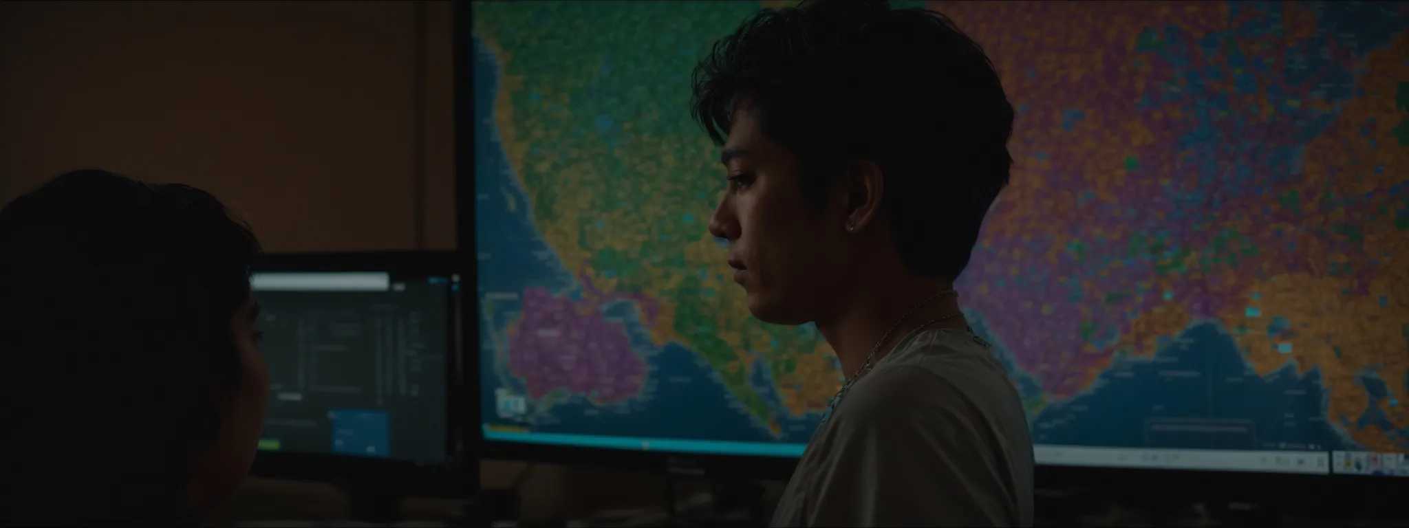 a webmaster gazes at a computer screen, scrutinizing a colorful network map of interconnected websites.