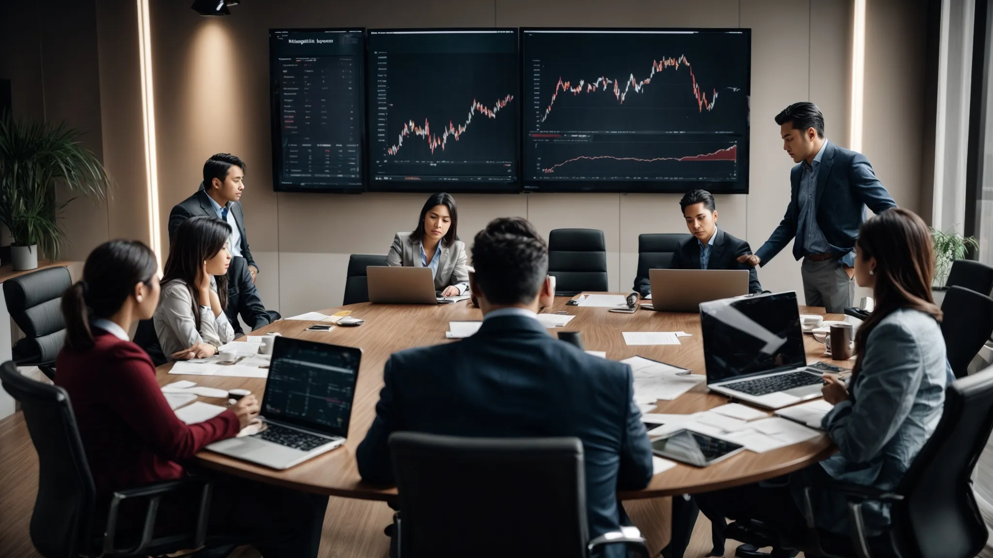 a group of professionals gathers around a conference table with laptops and documents, discussing graphs and charts that reflect seo market analysis.