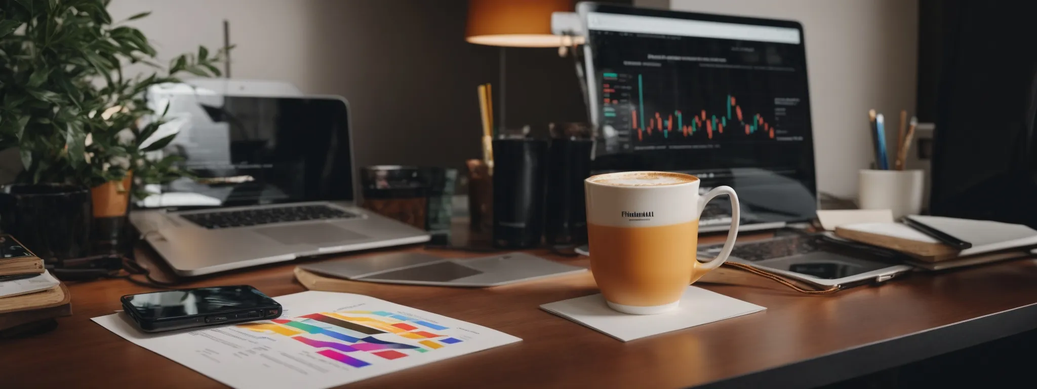 a desk with an open laptop displaying colorful graphs and a smartphone next to a coffee cup.