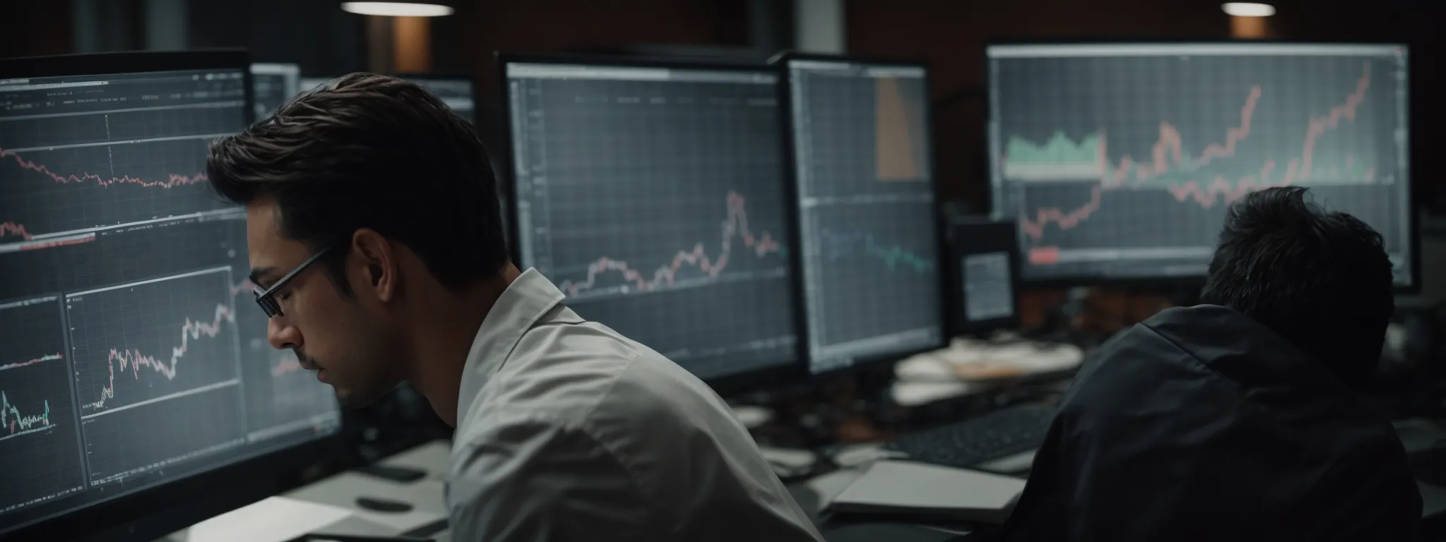 a focused individual intently analyzing graphs and charts on a computer screen, reflecting the strategic examination of seo data.