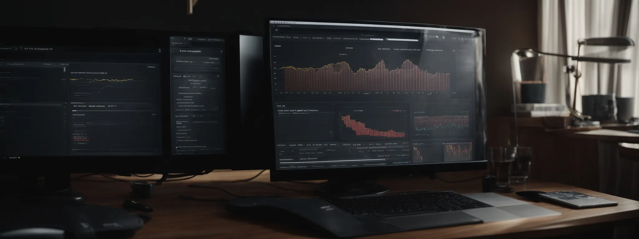 a computer screen displaying analytics data with a growth trend graph and digital marketing tools.