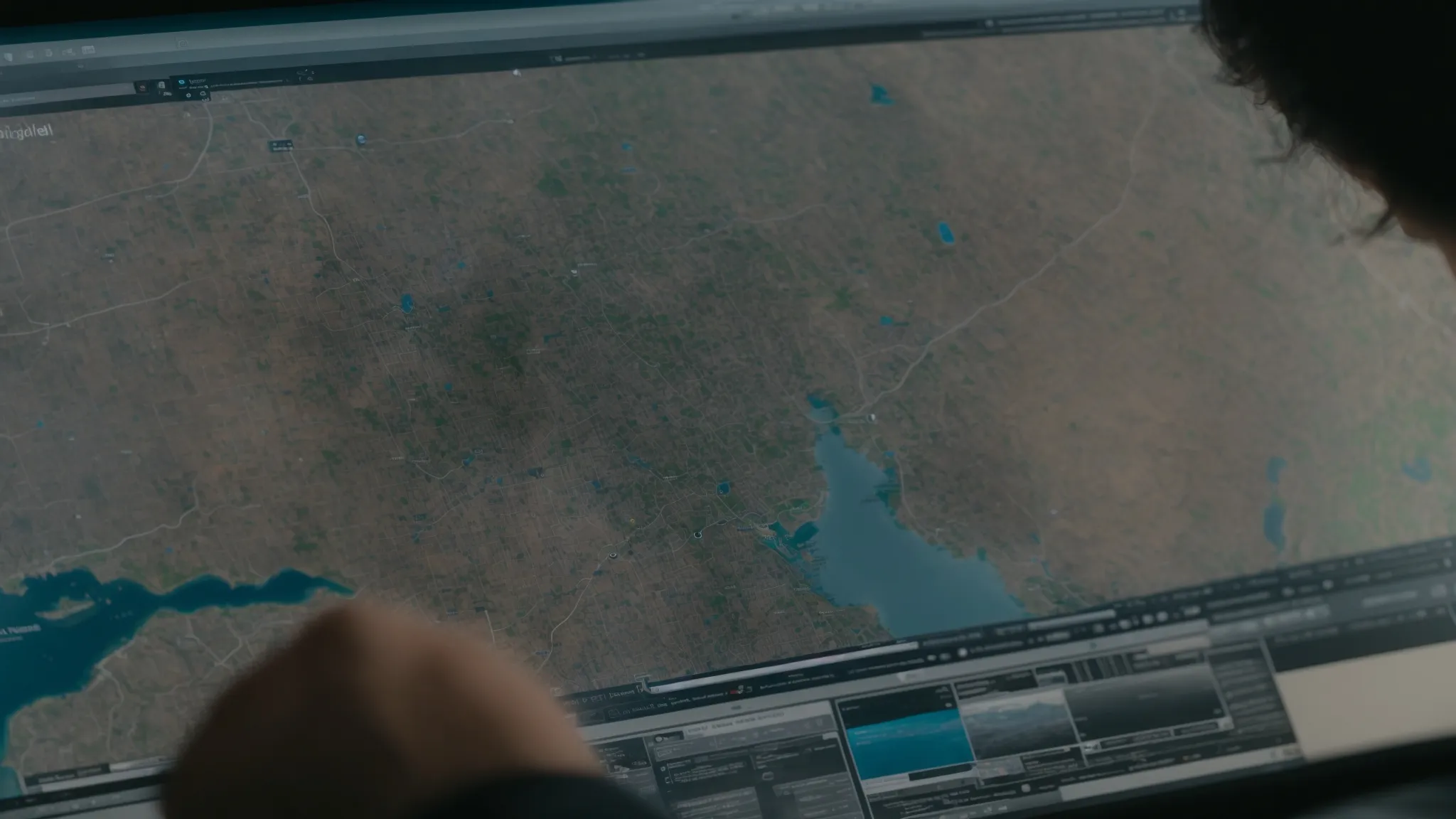 a view over the shoulder of a person using a computer to adjust the settings of a digital map interface.