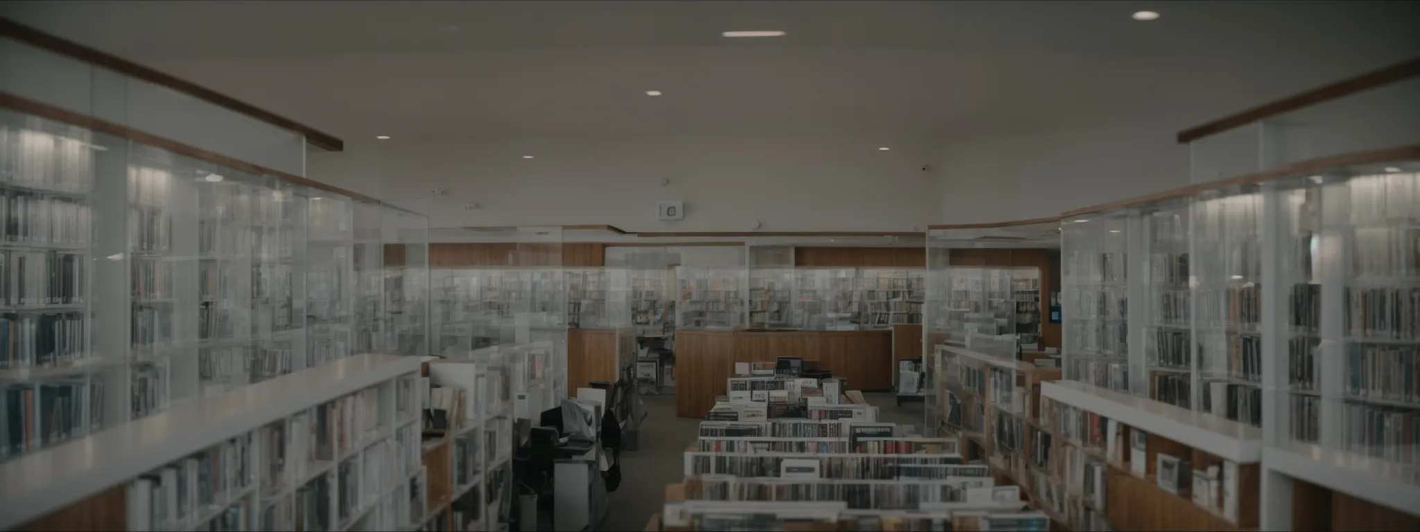 A modern library interior with rows of bookshelves filled with books, glass partitions, and a high ceiling with recessed lighting.
