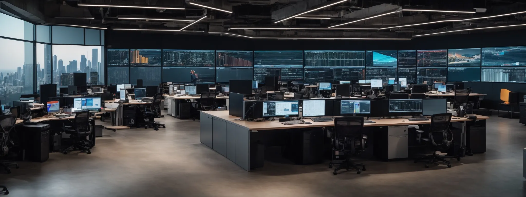 a panoramic view of a modern office, with computers displaying graphs on screens, capturing the essence of digital strategy development for seo.