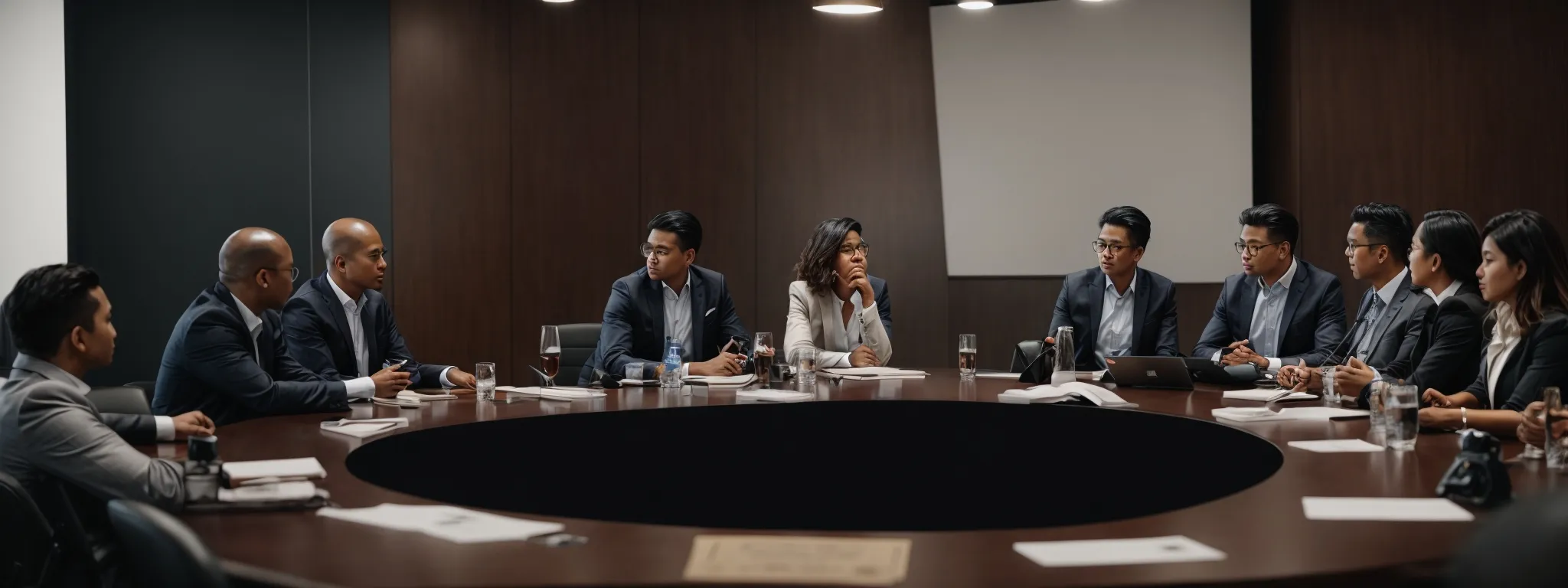 a marketing seminar with professionals discussing strategies around a conference table.
