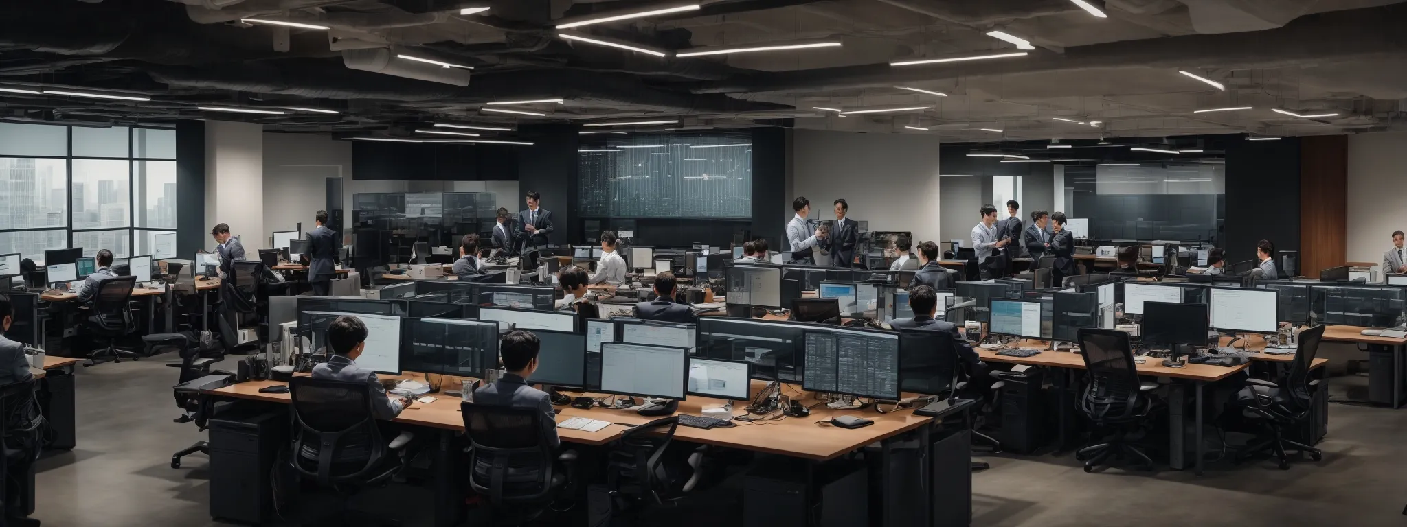 a panorama of a modern office with scattered seo professionals analyzing charts and metrics on large computer screens.