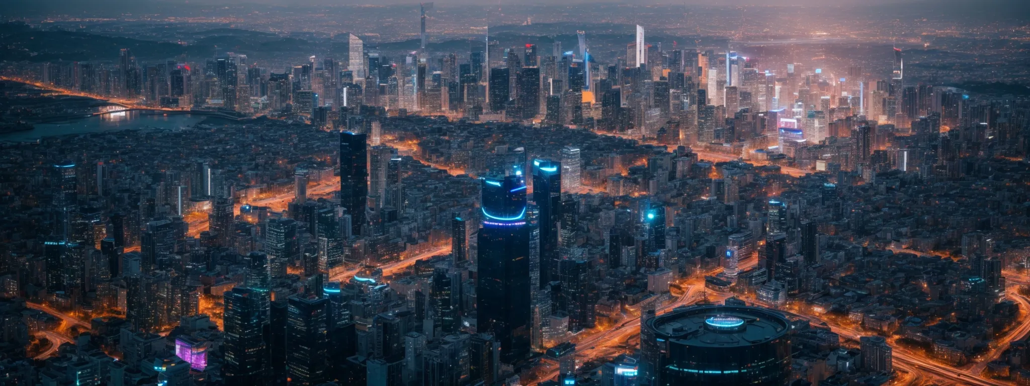 a futuristic cityscape with integrated technology and dynamic data streams symbolizing the evolution of seo in a high-tech world.