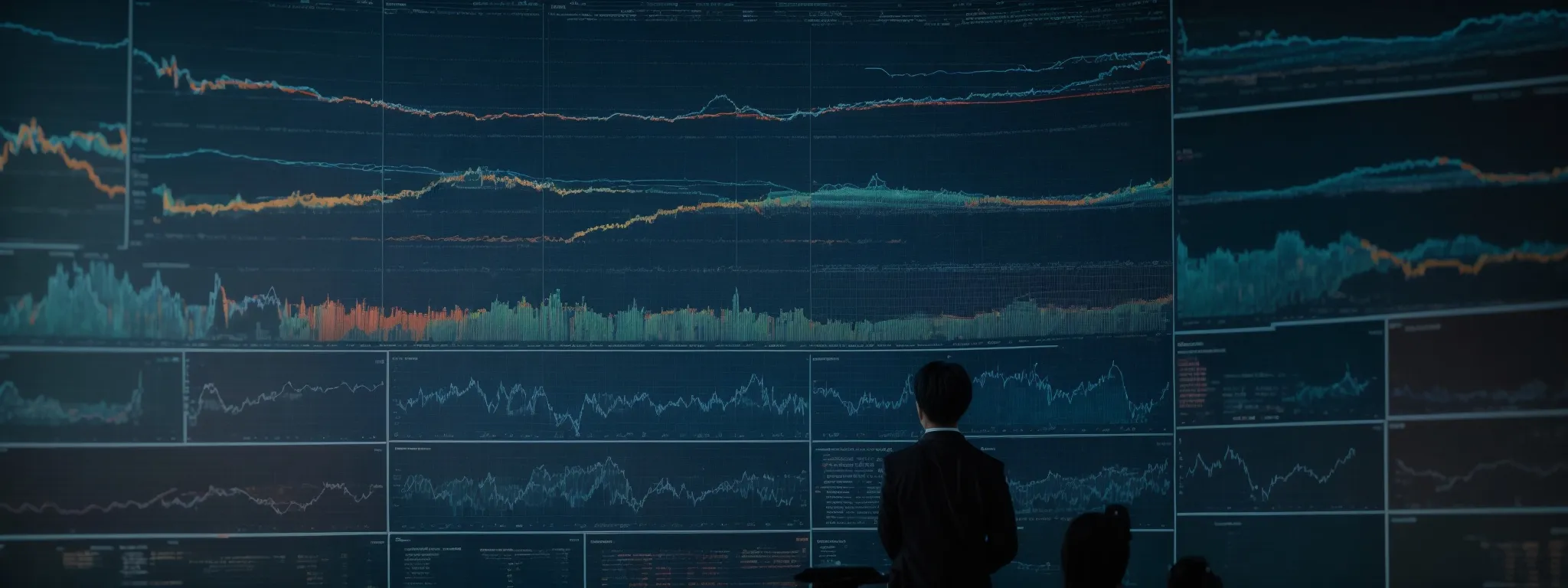 a person analyzing data trends on a large interactive screen to enhance website performance.