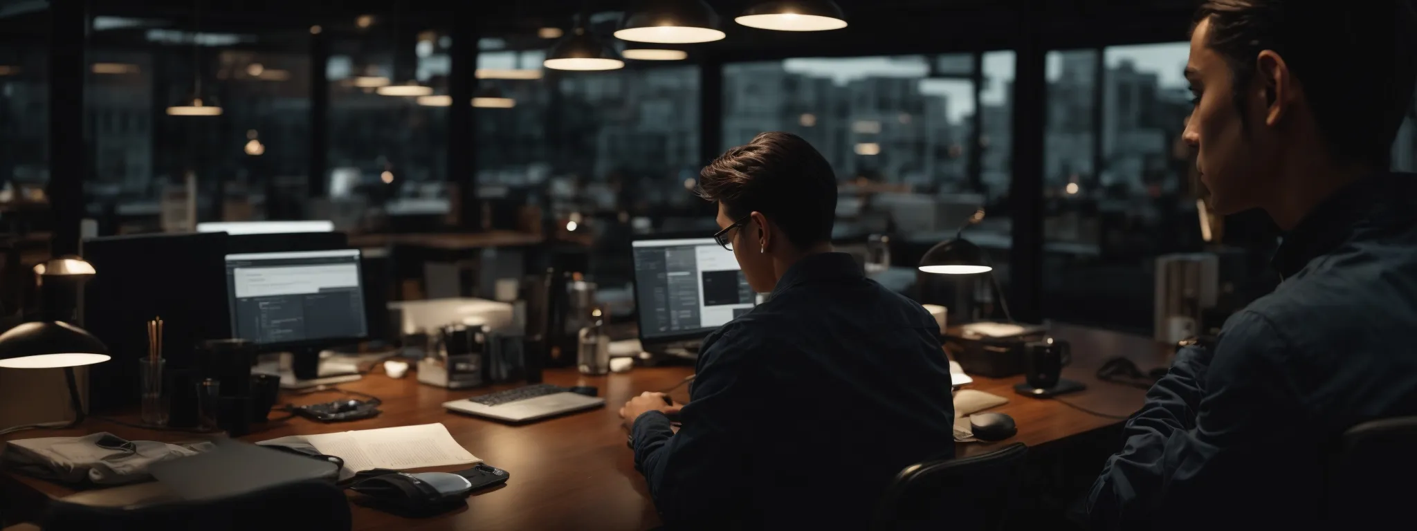 a professional sitting at a modern workspace, intently focusing on optimizing a website on a laptop with a smartphone at the side.